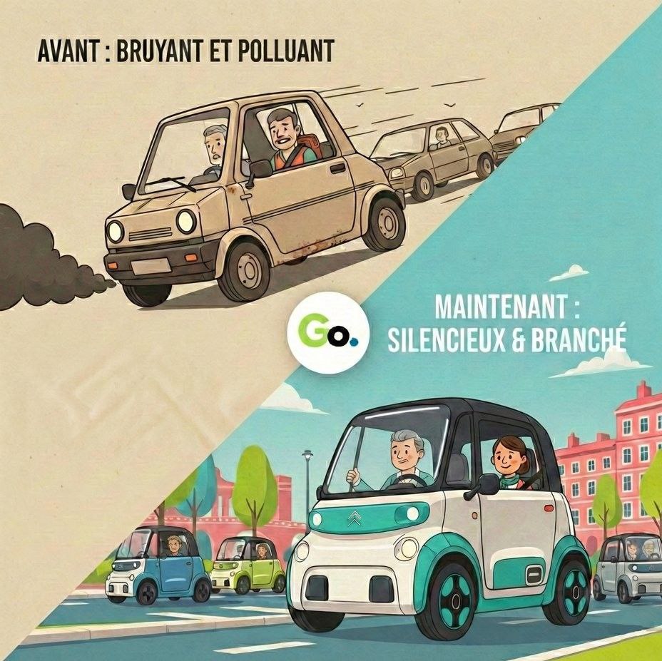 Illustration comparant une voiture sans permis essence et électrique